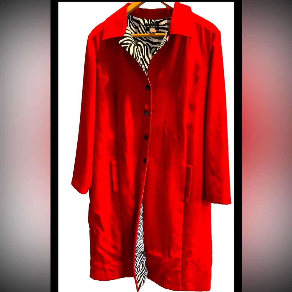 90s RED long trench coat Jacket Black White ZEBRA Lining USA 90s 2XL womens XXL